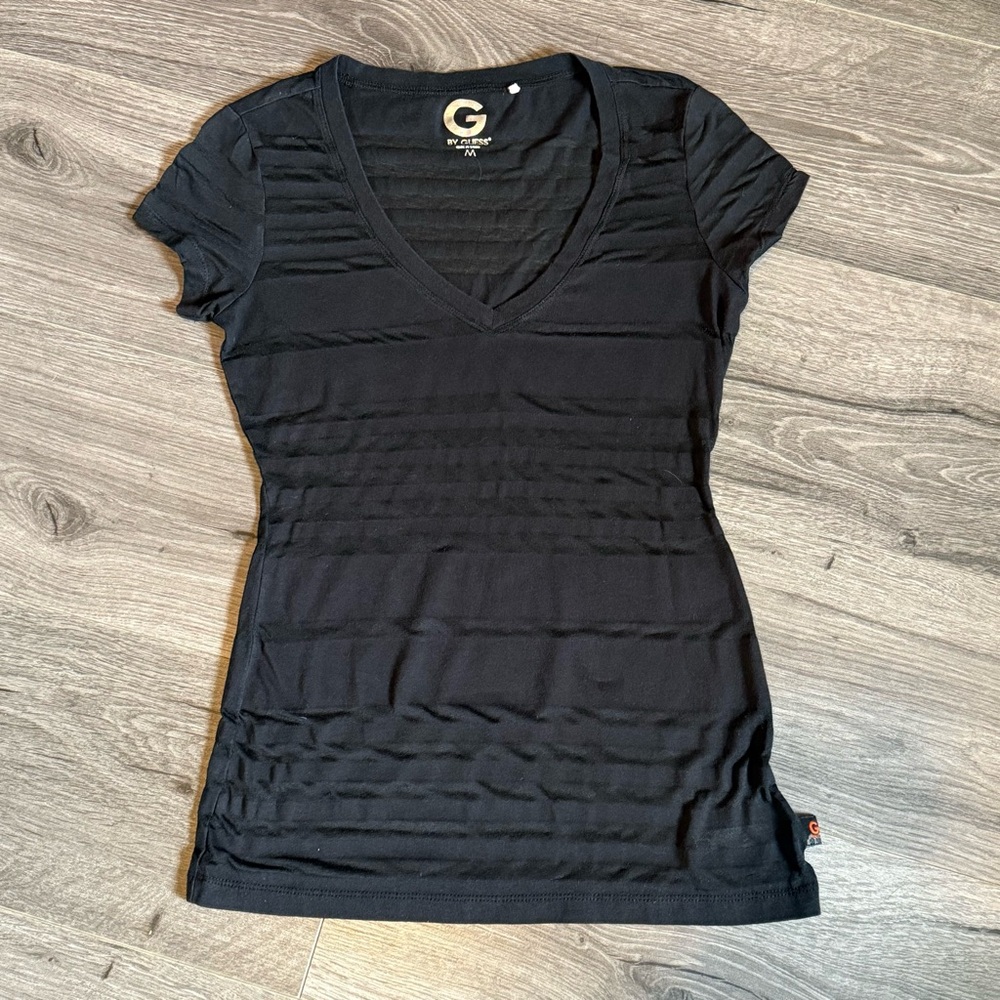 Guess Women's Black V-Neck stripped Top, Casual comfortable sleek everyday wear